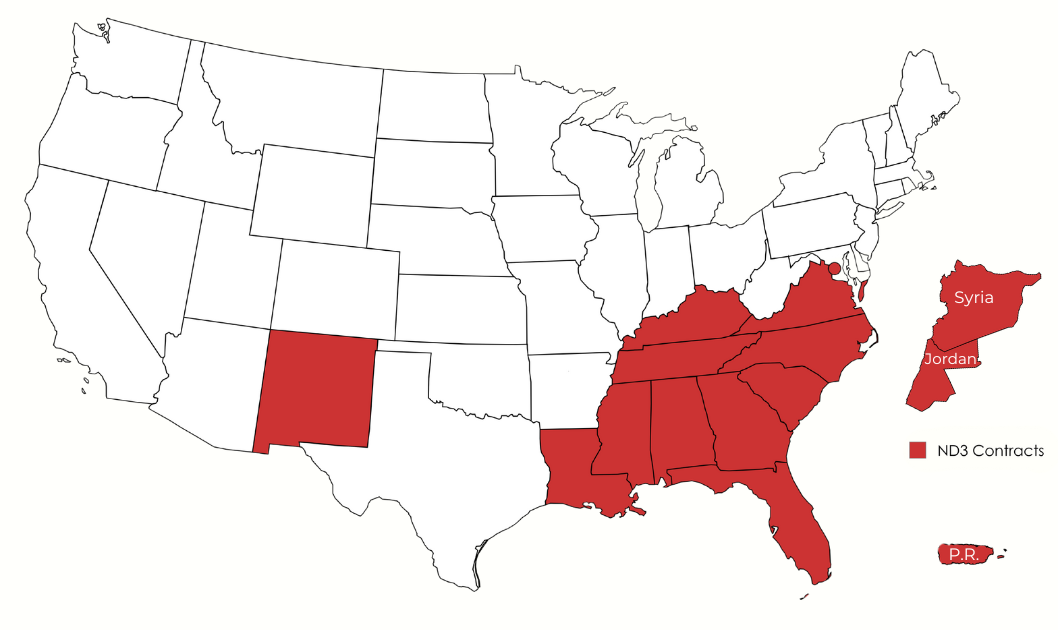 Map of ND3 contract locations across the United States, Puerto Rico, Jordan, and Syria